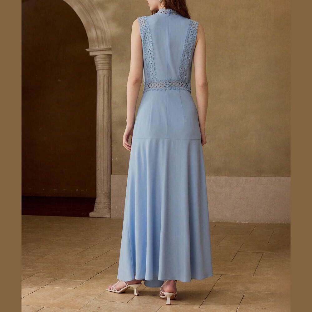 Dusty Blue Crochet Lace Trim Sleeveless Maxi Dress - Picture 3 of 7